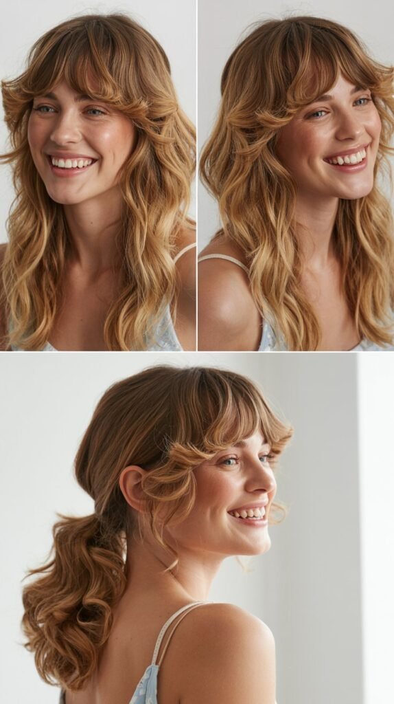 Tousled Beach Waves with Long Curtain Bangs