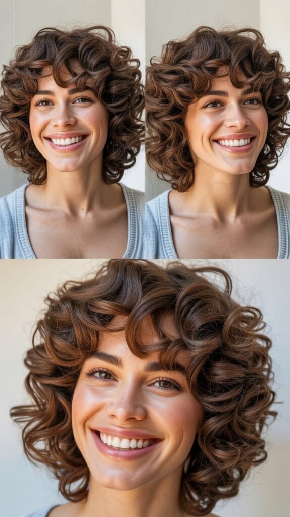 Curly Layers with Defined Curtain Bangs
