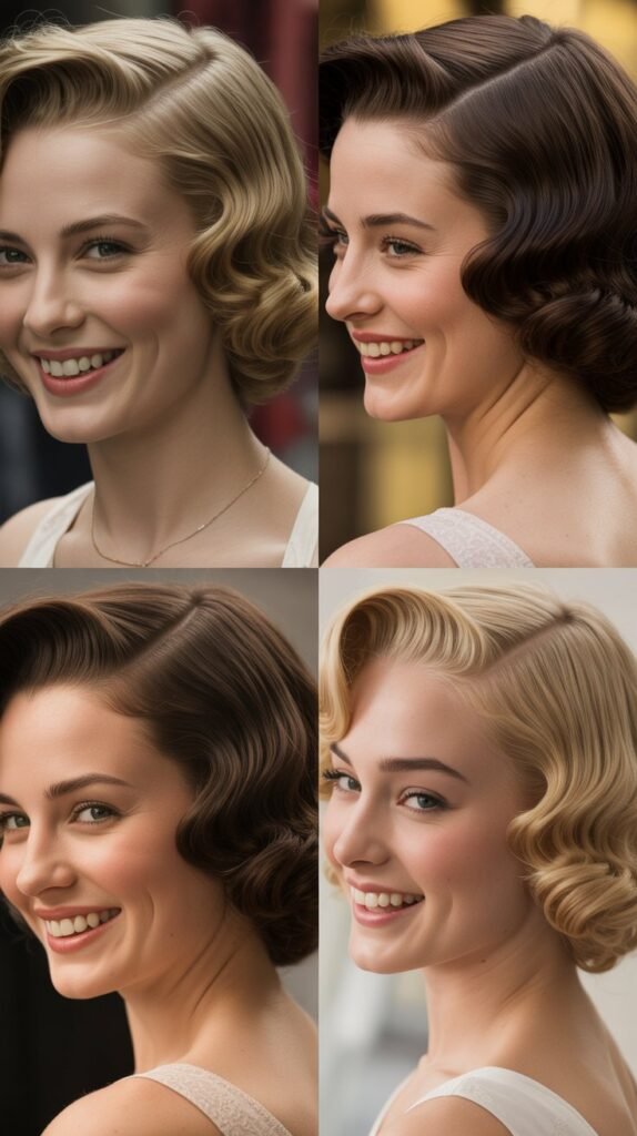 Vintage-Inspired Waves with Deep Side Part and Pin-Up Bangs