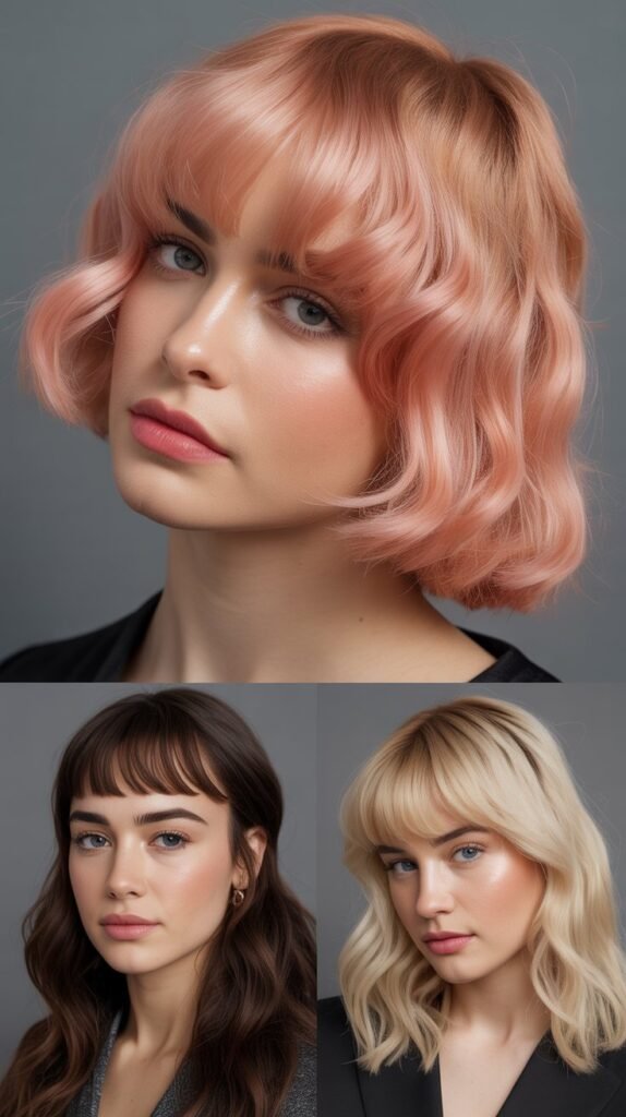 Arched Baby Bangs with Rose Gold Blonde Color