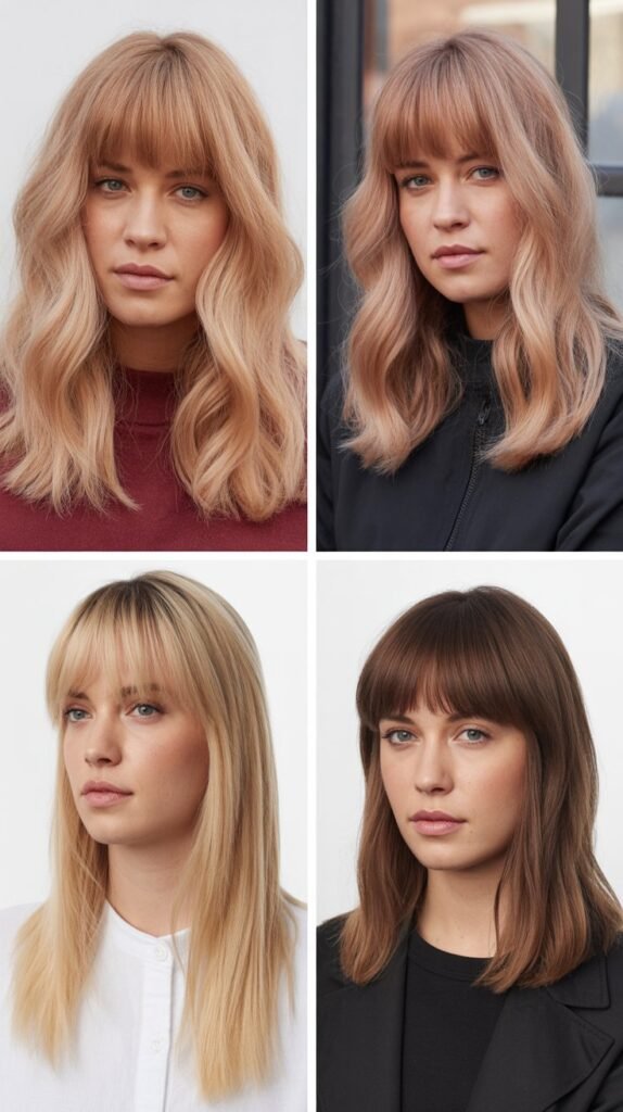 Blunt Curtain Bangs with Champagne Rose Blonde