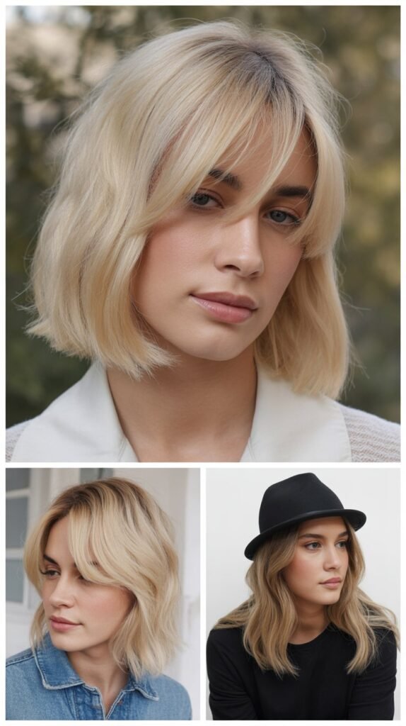 Buttery Blonde Lob with Curtain-Style Side Bangs