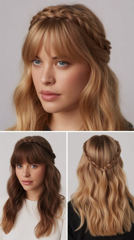 Curtain Bangs with Dutch Braid Crown