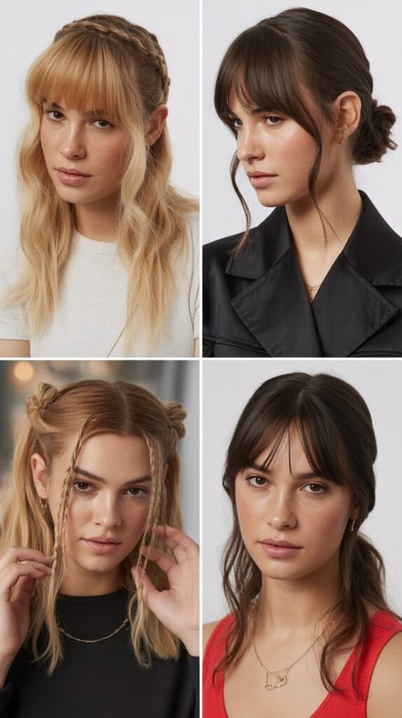 Curtain Bangs with Twisted Half-Up Style