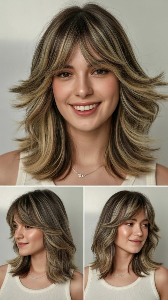 Multi-Dimensional Layers with Highlighted Curtain Bangs