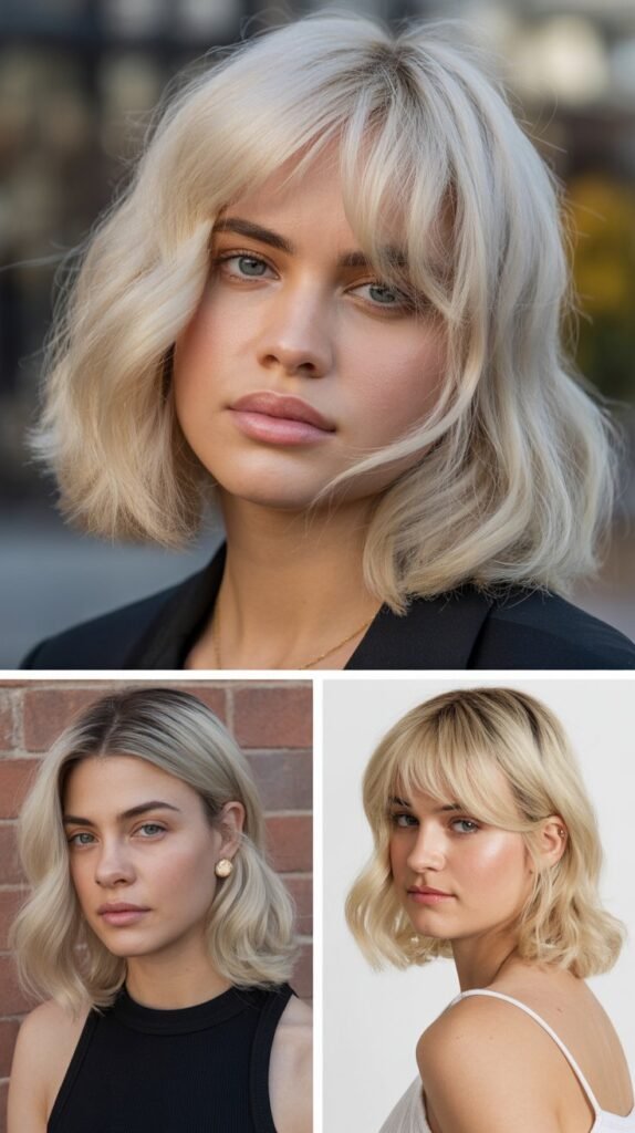 Platinum Blonde Lob with Curtain Bangs