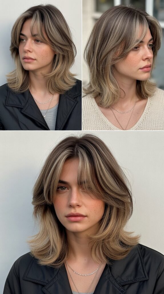 Layered Medium Hair with Curtain Bangs and Root Shadow