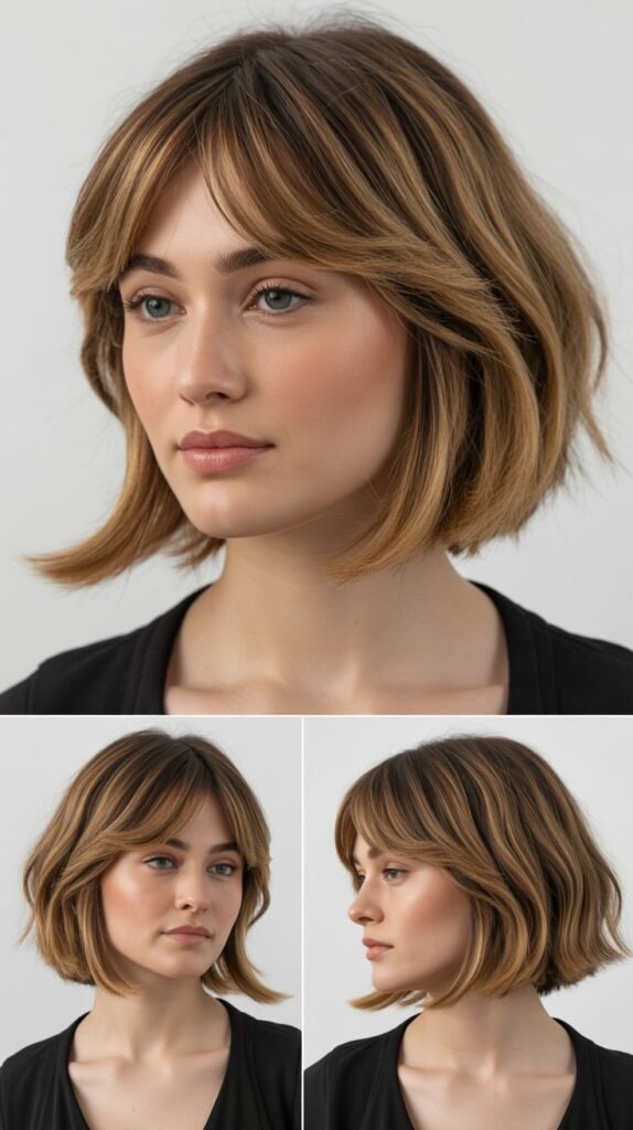 10. Layered Lob With Baby Bangs