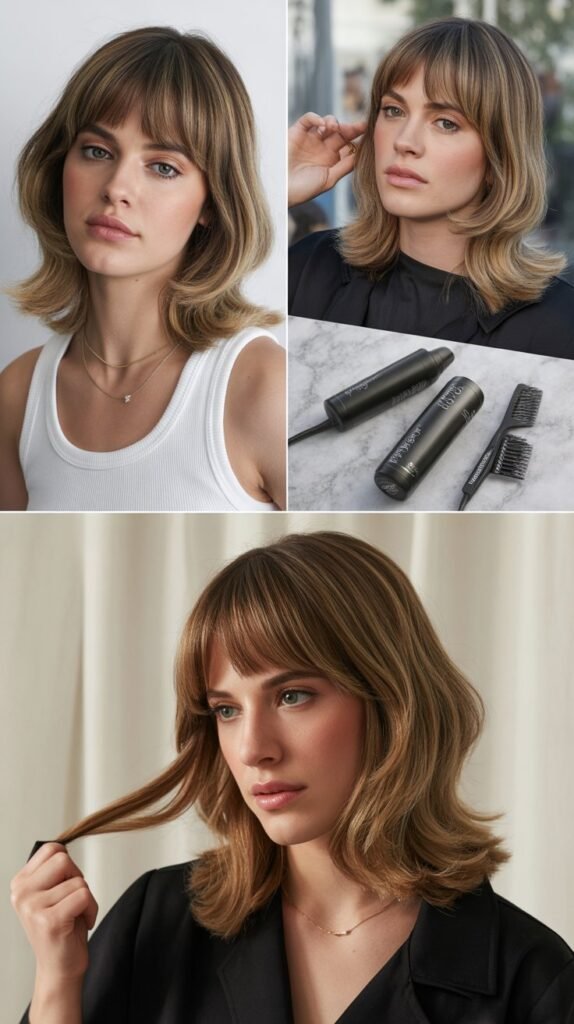 Medium Hair with Curtain Bangs and Modern Styling Techniques