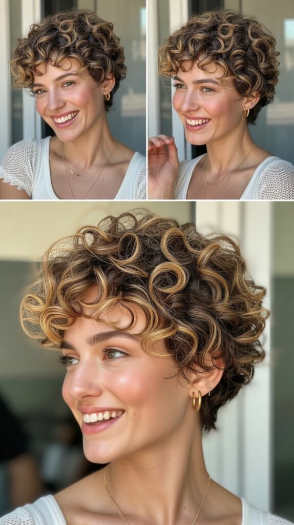 Curly Pixie With Golden Highlights