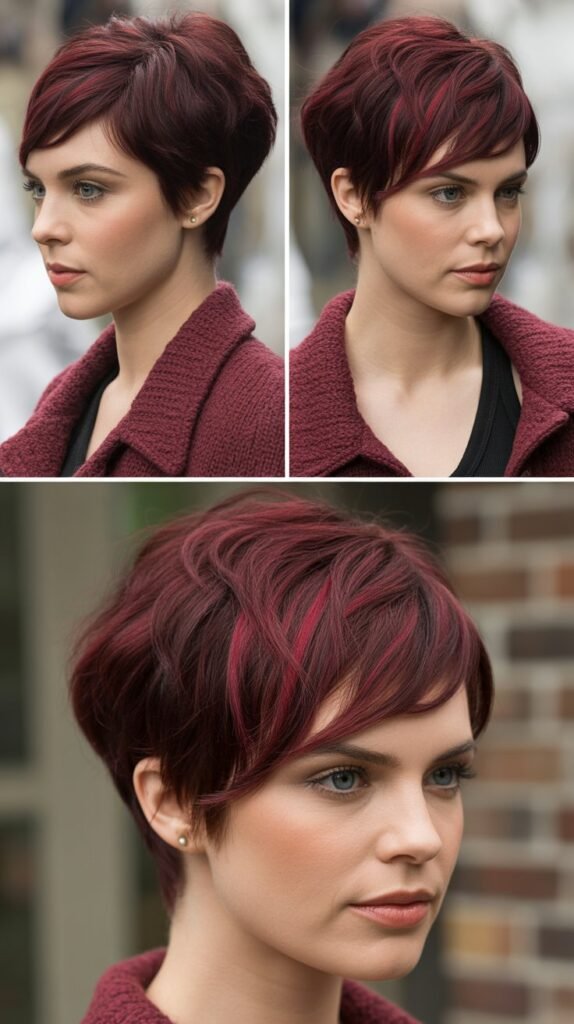 Layered Pixie With Burgundy Highlights