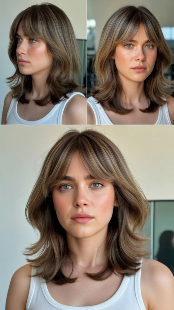  Medium Hair with Curtain Bangs and Ash Brown Color