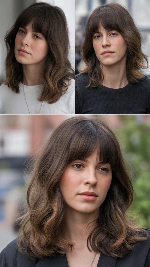 Medium Hair with Curtain Bangs and Dimensional Brunette