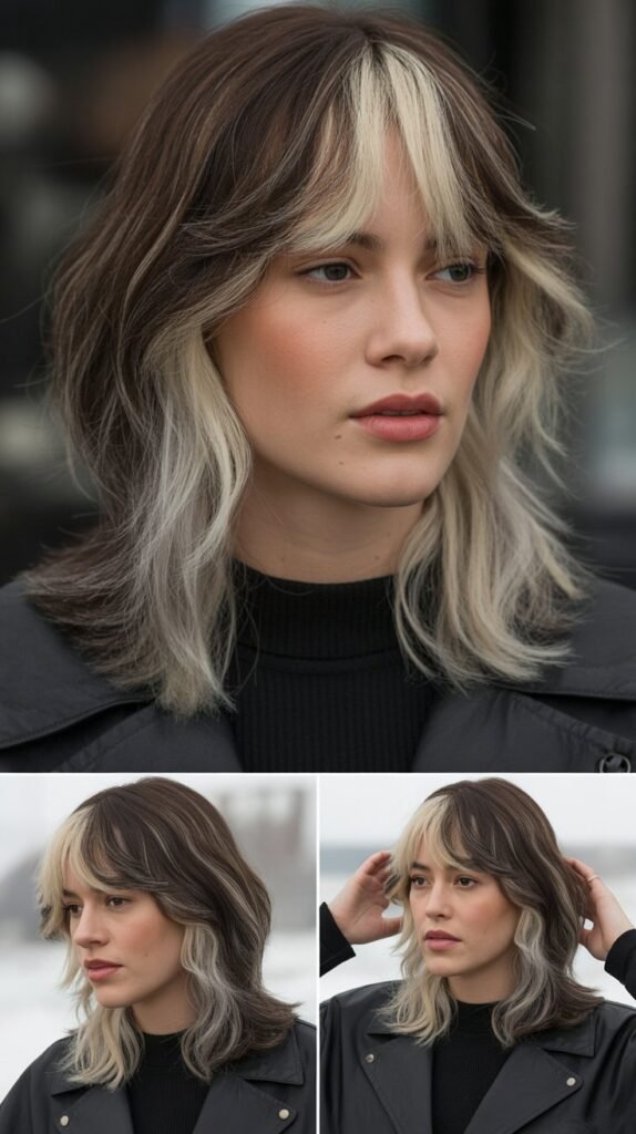Medium Hair with Curtain Bangs and Platinum Highlights