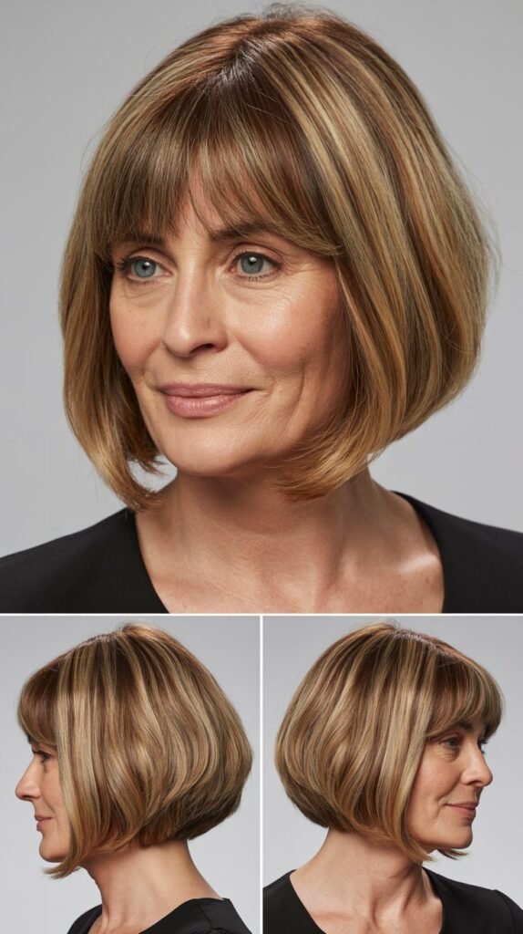 Smooth Layered Bob with Center-Parted Bangs