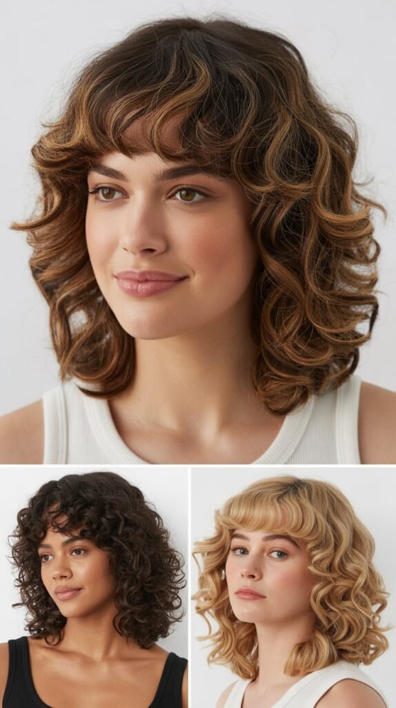 Medium Hair With Curtain Bangs and Soft Curls