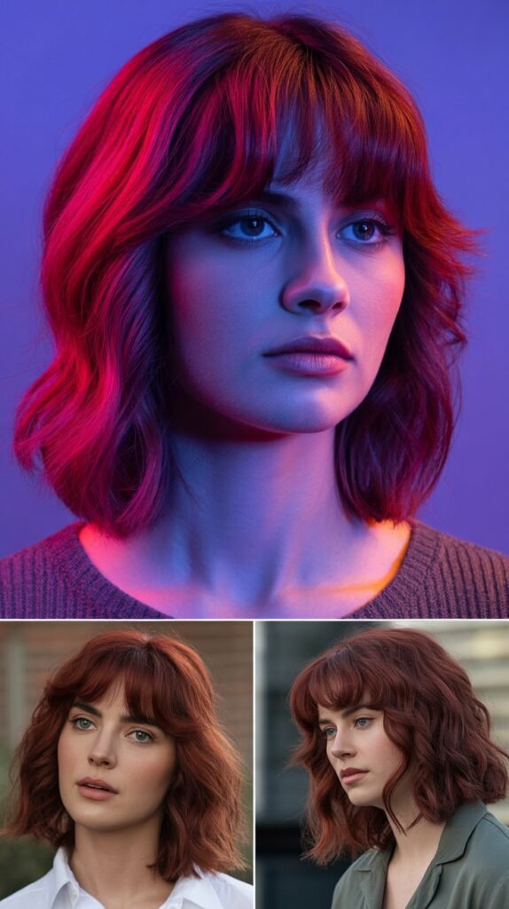 Medium Hair with Curtain Bangs and Red Violet Tones
