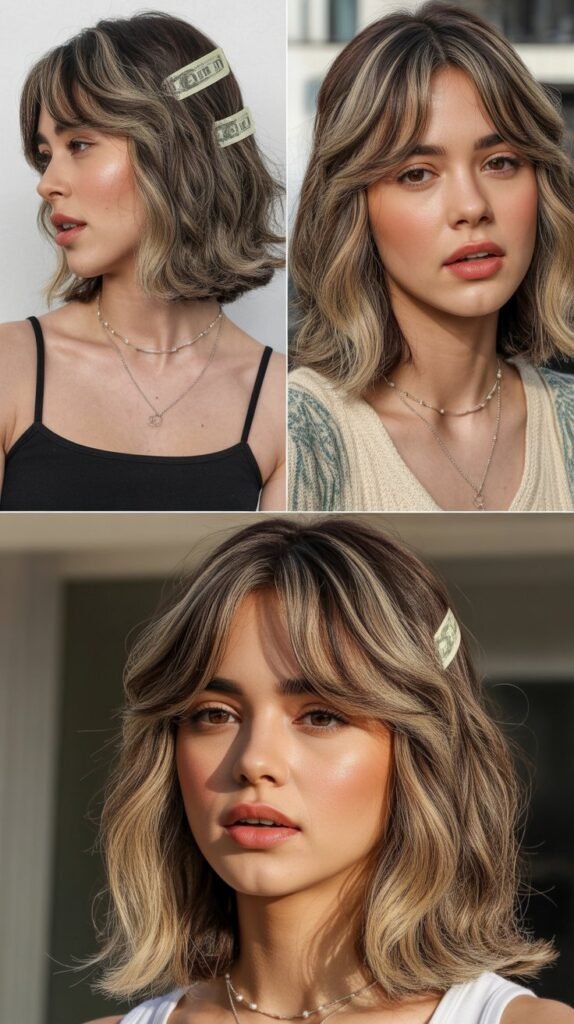 Medium Hair with Curtain Bangs and Money Pieces