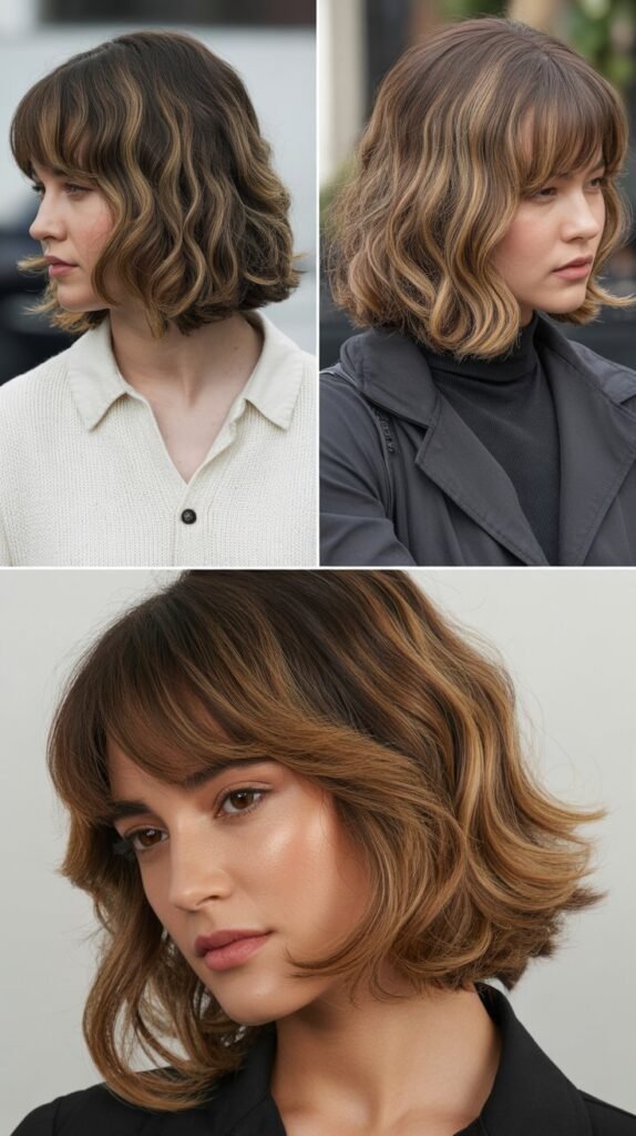  Medium Hair with Curtain Bangs and Lowlights