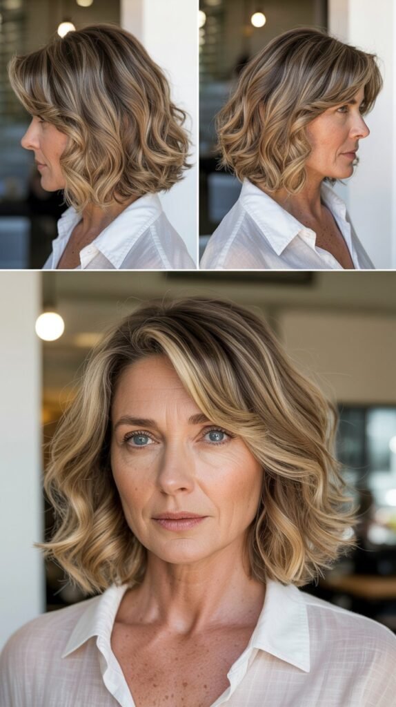 Soft Wavy Chin-Length Lob with Highlights
