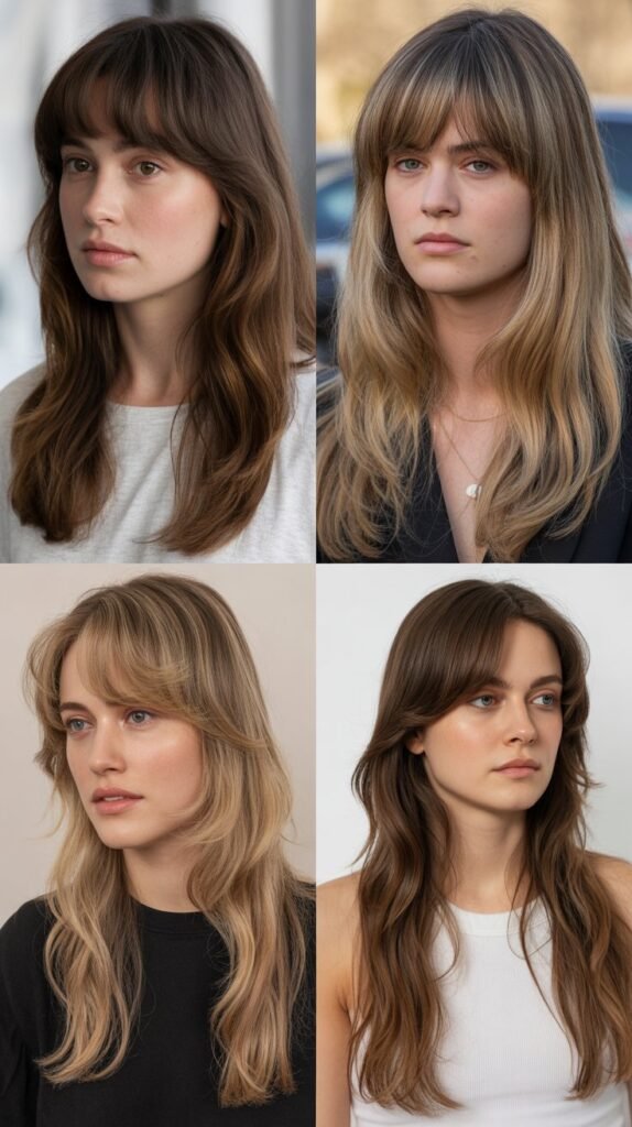 Long Layers with Brow-Skimming Bangs