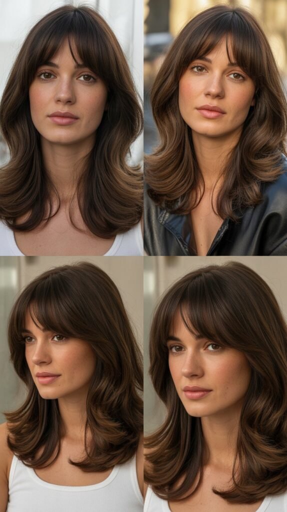 Medium Hair with Curtain Bangs and Chocolate Brown Color