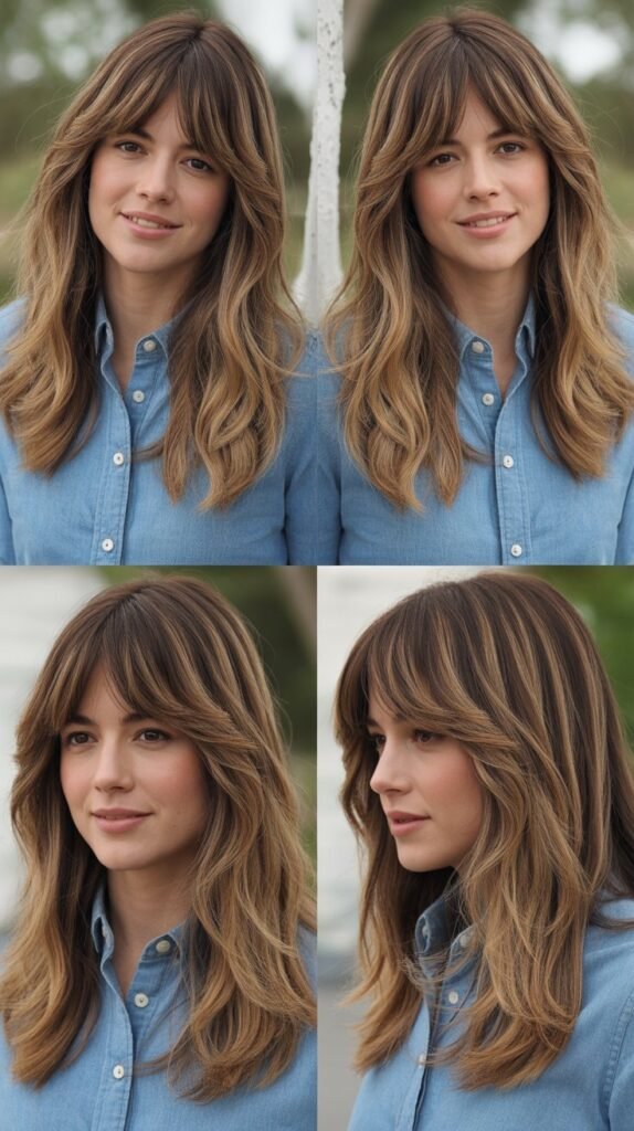  Medium Layers with Curtain Bangs and Balayage