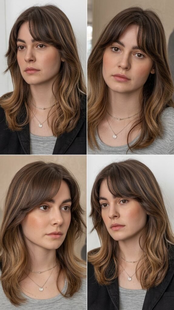 Medium Hair with Curtain Bangs for Round Face Shape