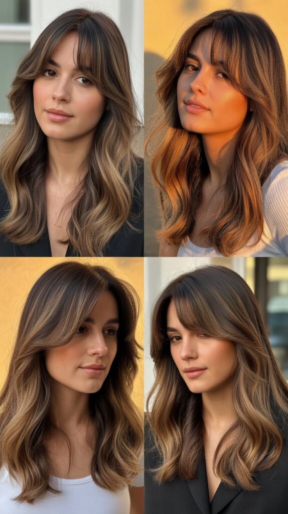 Medium Hair with Curtain Bangs and Caramel Highlights