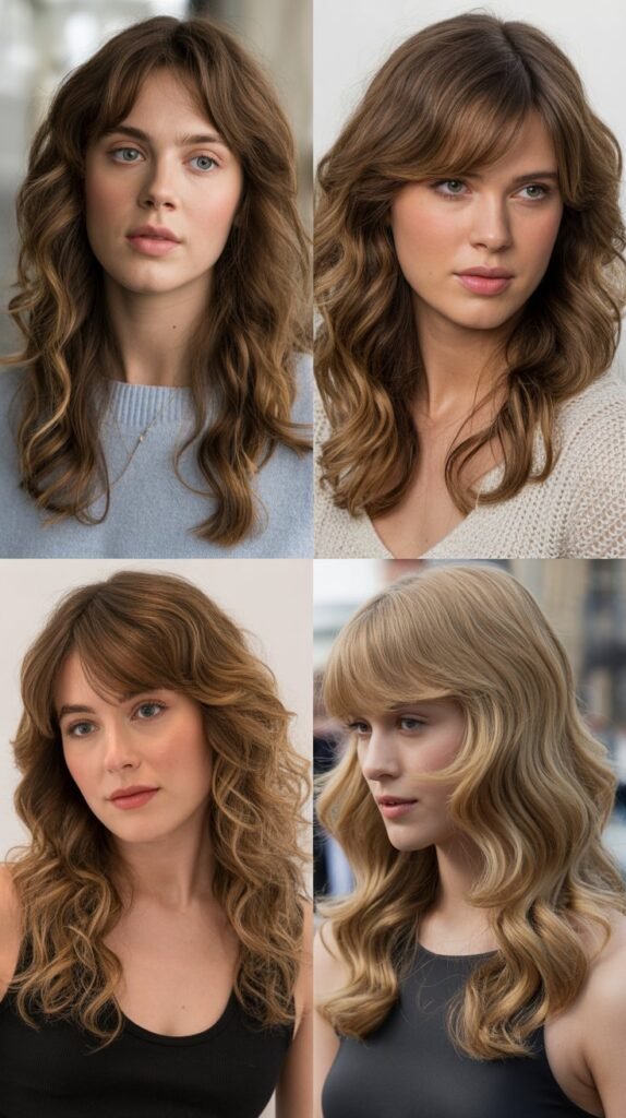 Medium Length Waves With Side-Swept Curtain Bangs