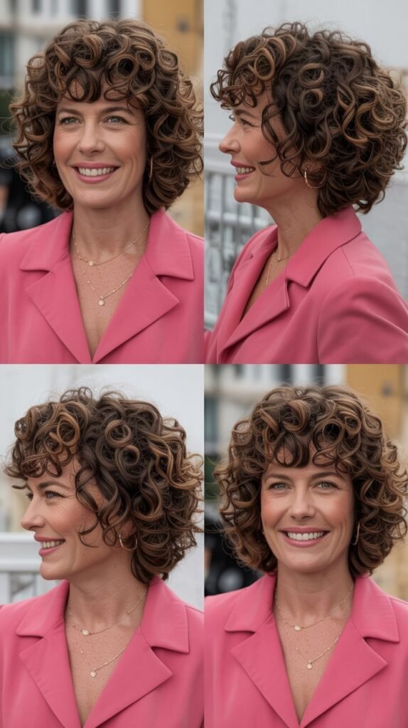 Voluminous Curly Bob with Short Curly Bangs