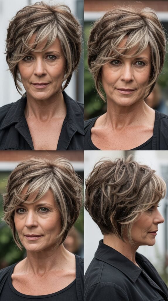 Edgy Layered Bob with Cross-Swept Bangs