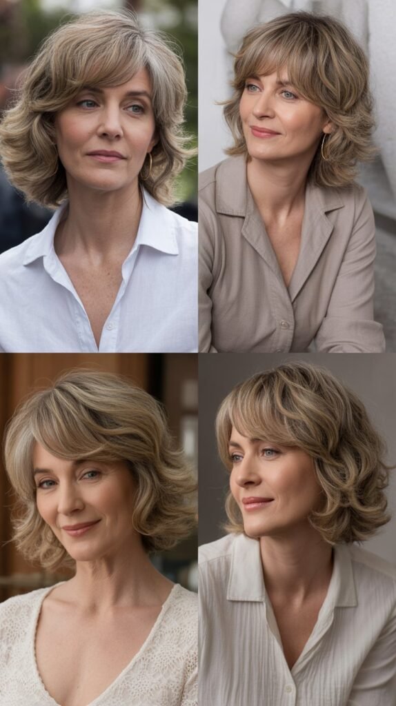 Feathered Side Bangs with Wavy Shoulder-Length