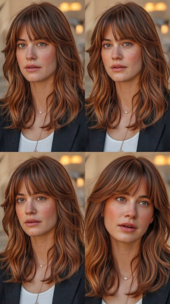  Medium Hair with Curtain Bangs and Copper Tones