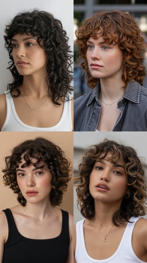  Medium Curly Hair With Curtain Bangs