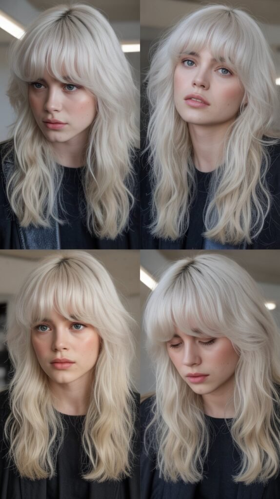 Medium Hair with Curtain Bangs and Platinum Blonde