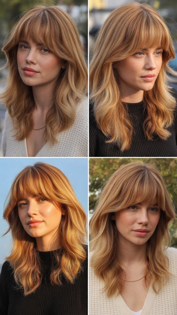 Medium Hair with Curtain Bangs and Honey Blonde Color