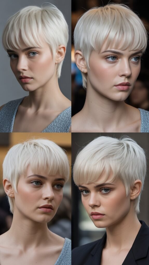 7. Platinum Blonde Pixie With Straight Across Bangs