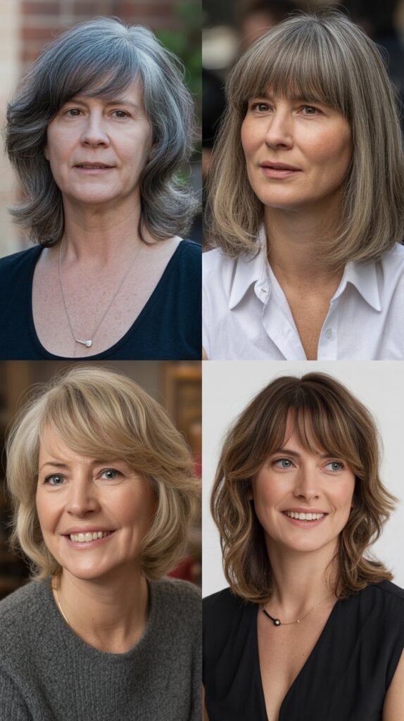 4. Long Sweeping Bangs with Lob (Long Bob)