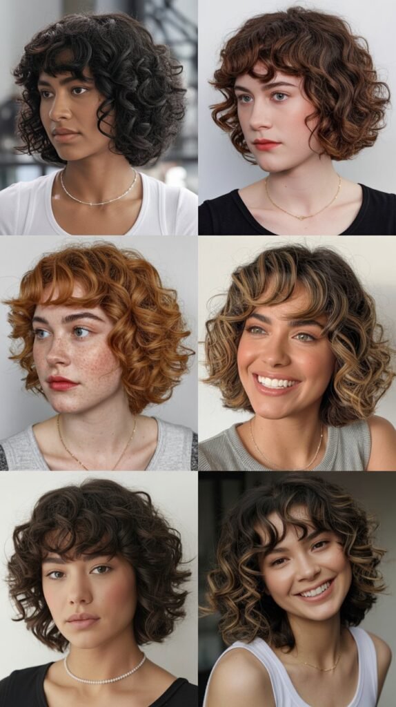  Medium Curly Bob With Side-Swept Curtain Bangs