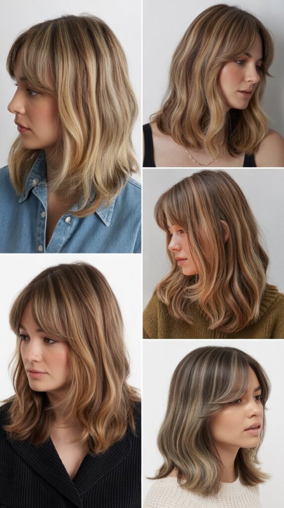 Medium Hair With Curtain Bangs and Dimensional Color