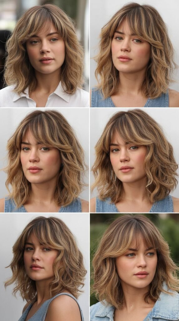 Medium Hair With Curtain Bangs and Beach Waves