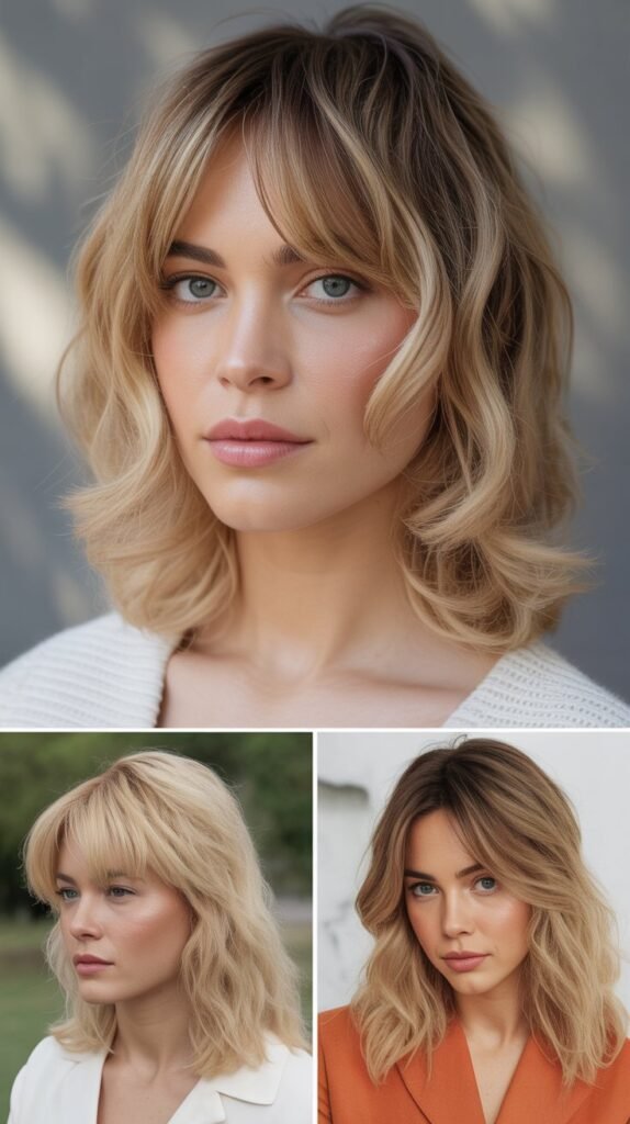 Side-Parted Bangs with Biscotti Blonde Color