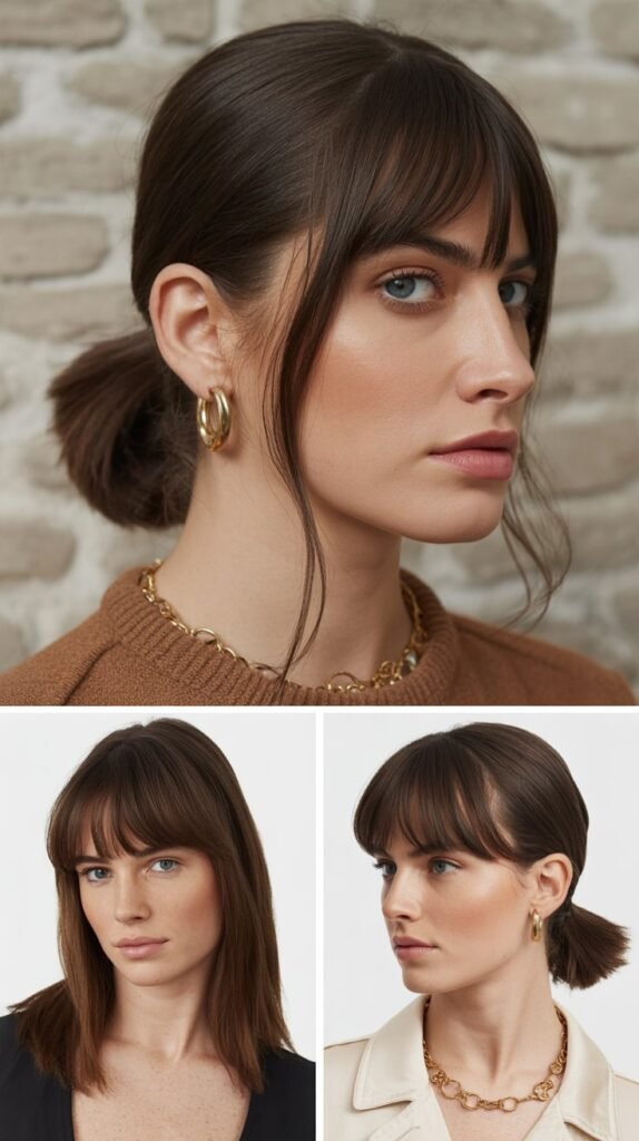 Sleek Low Ponytail with Curtain Bangs