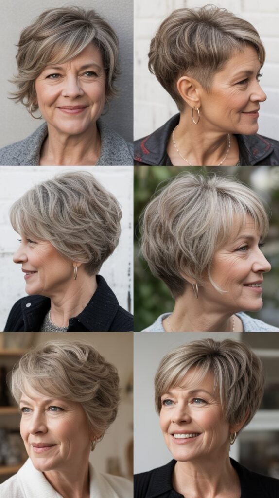 smiling woman with'' Piecey Textured Bob'' Textured Crop with Undercut ''different natural hairstyles 4 image collage   for Women Over 60 ''different natural hairstyles 4 image collage   for Women Over 60 