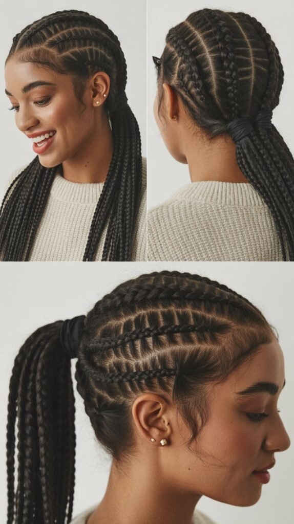 Stacked Braids into Ponytail