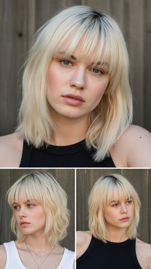  Straight Blonde Lob with Asymmetrical Bangs
