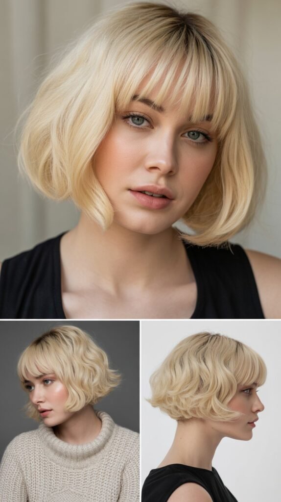 Textured Blonde Bob with Blunt Bangs