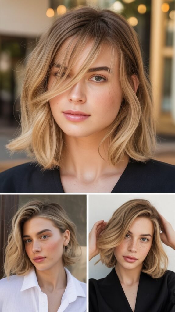 Warm Blonde Lob with Swoopy Side Bangs