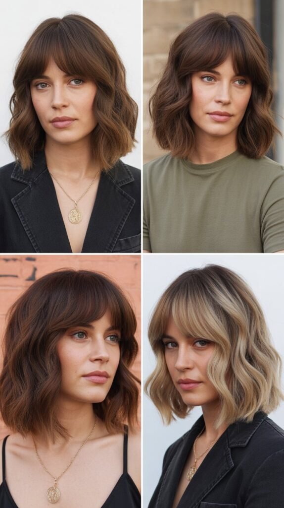 Wavy Lob with Curtain Bangs and Lowlights